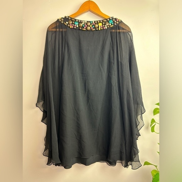 Tibi New York 100% Silk Embellished Neck Tunic Flare Mid Dress Black boho Sz 4 - Picture 2 of 11
